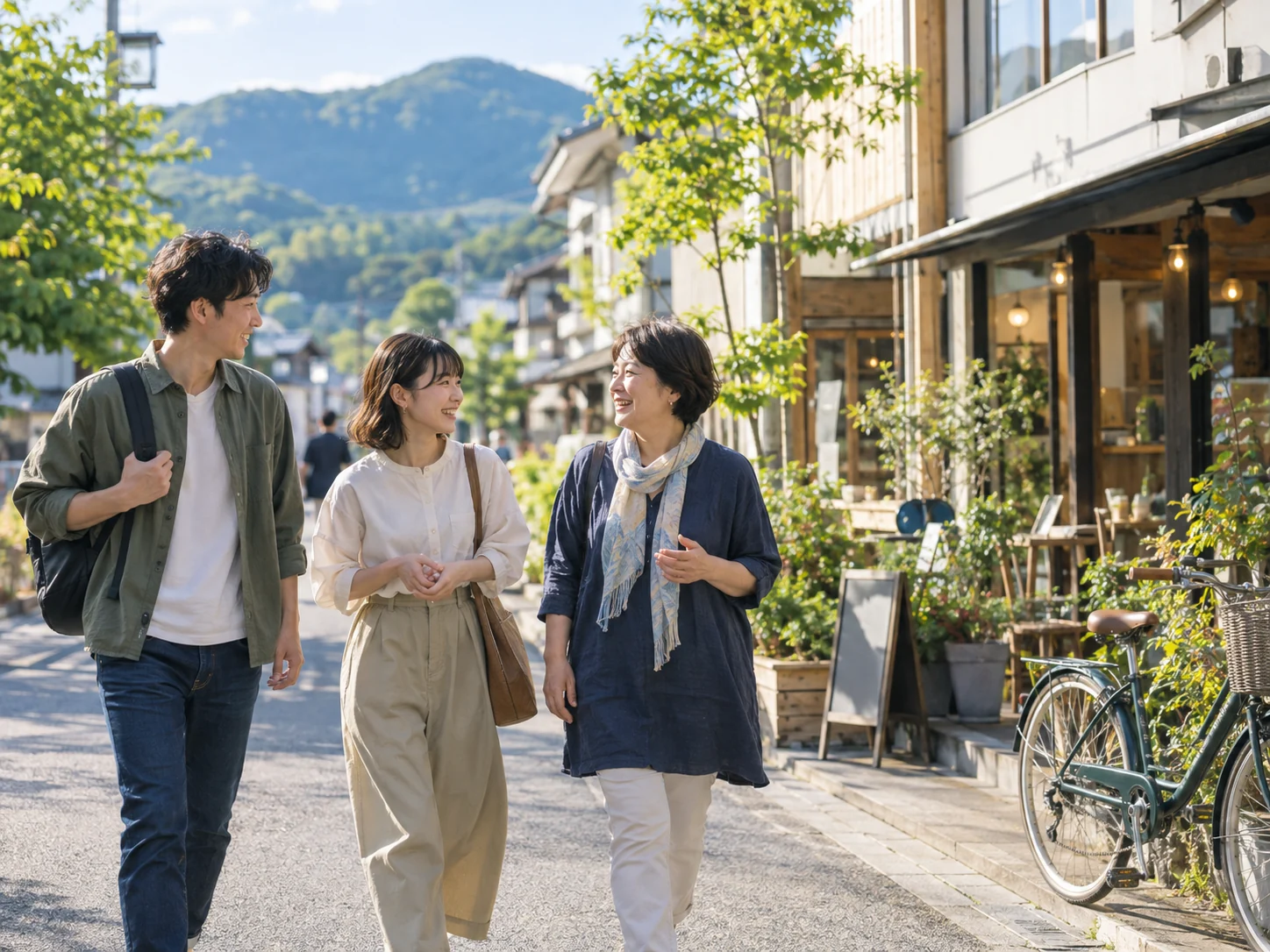 地域の通りを歩きながら会話する人々のイメージ
